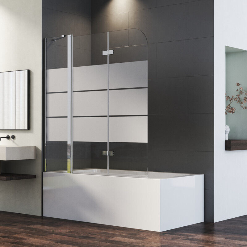 Duschwand für Badewanne 160 x 140 cm 3-teilig Faltbar, Gestreift Glas Duschtrennwand mit festem Segment, Duschabtrennung Badewanne Badewannenaufsatz