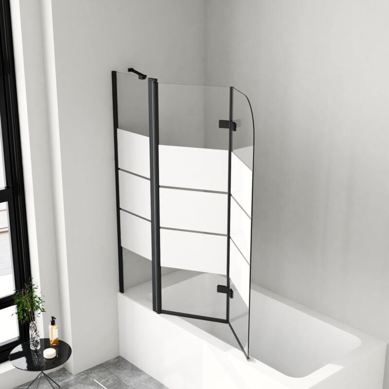 Duschwand für Badewanne 2 teilig faltbar 160 x 140 cm Gestreift Badewannenfaltwand Duschtrennwand 5mm Nano Glas Duschabtrennung Badewanne,Schwarz