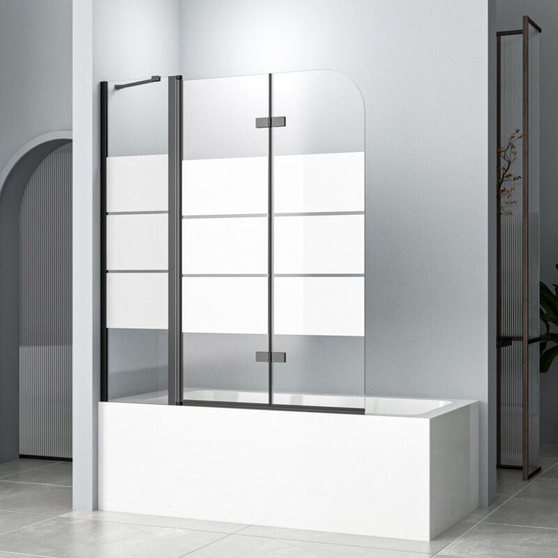 Duschwand für Badewanne 2 teilig faltbar 160 x 140 cm Gestreift Badewannenfaltwand Schwarz Duschtrennwand 5mm Nano Glas Duschabtrennung Badewanne
