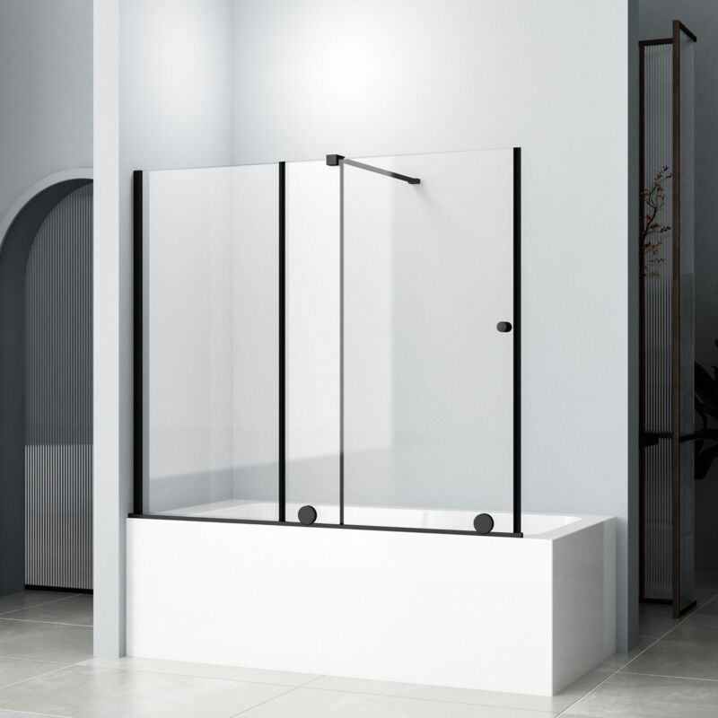 Boromal - Duschwand für Badewanne Schwarz Badewannenaufsatz Schiebetür mit Haltestangen 5mm Sicherheitsglas, (Duschtrennwand Badewanne Rahmenlos,