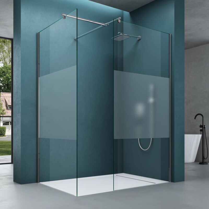 Duschwand für Dusche Duschabtrennung 90x80cm mit 2 festen Seitenelementen 8mm ESG-Sicherheitsglas Walk-In Dusche Milchglas Streifen NANO-Versiegelung