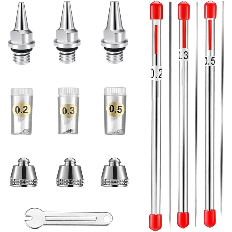 Düsenkappe, Nadel und Düse für AB130 Airbrush, 0,2 mm, 0,3 mm, 0,5 mm. Airbrush-Ersatzteile.
