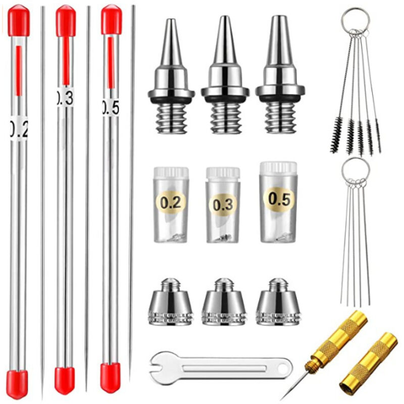 Airbrush-Düsenkappe, Nadel und Düse, 0,2 mm, 0,3 mm, 0,5 mm, Airbrush-Ersatzteile, mit Reinigungsset