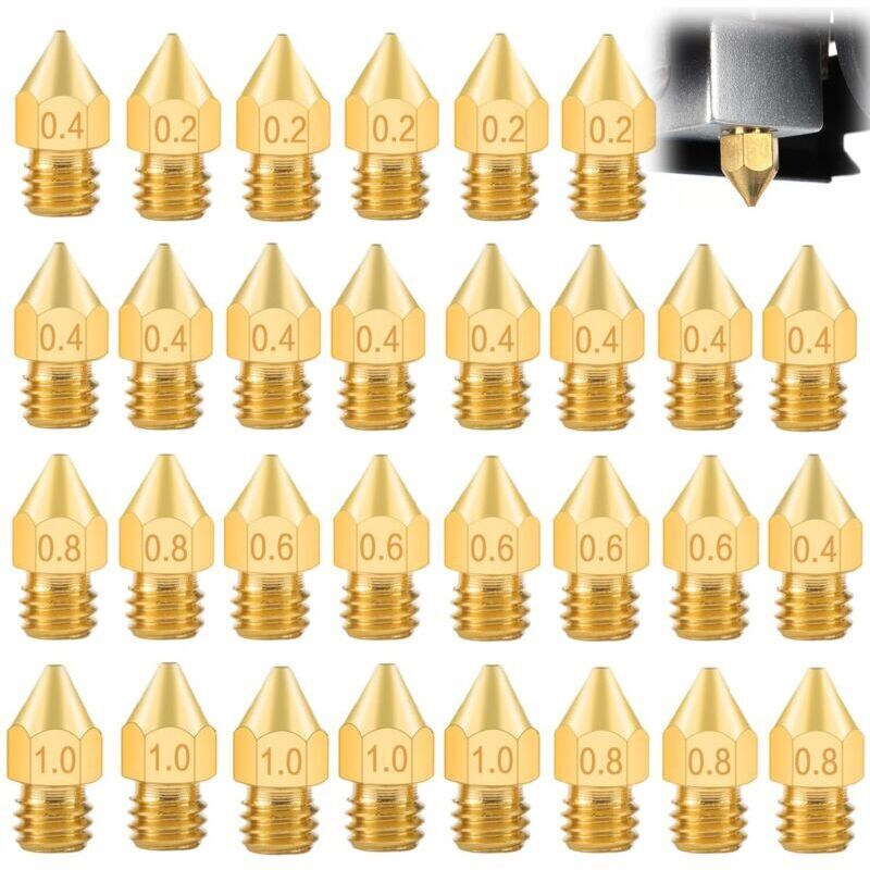Düsenset für 3D-Drucker, 30-teilig, Messingdüsen 0,2 mm/0,4 mm/0,6 mm/0,8 mm/1,0 mm, MK8-Düse für 1,75-mm-Filament, M6-Düse für 3D-Drucker