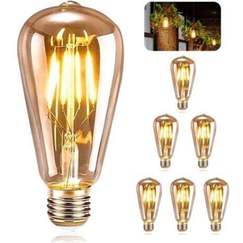 Aougo - E27 Vintage Glühbirne, 6 Stück, led E27 ST64 Dekolampe Retro Edison Vintage Antik 4W Warmweiß Filament für Restaurant Café Bar Glühlampen