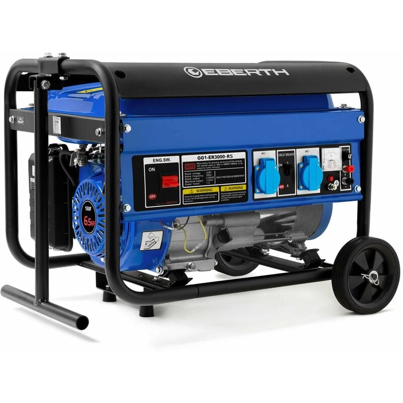3000 Watt Notstromaggregat Stromerzeuger Stromaggregat mit Fahrwerk, 6,5 ps Benzinmotor, 4-Takt, 1-Phase, 2x 230V, 1x 12V, automatischer Voltregler