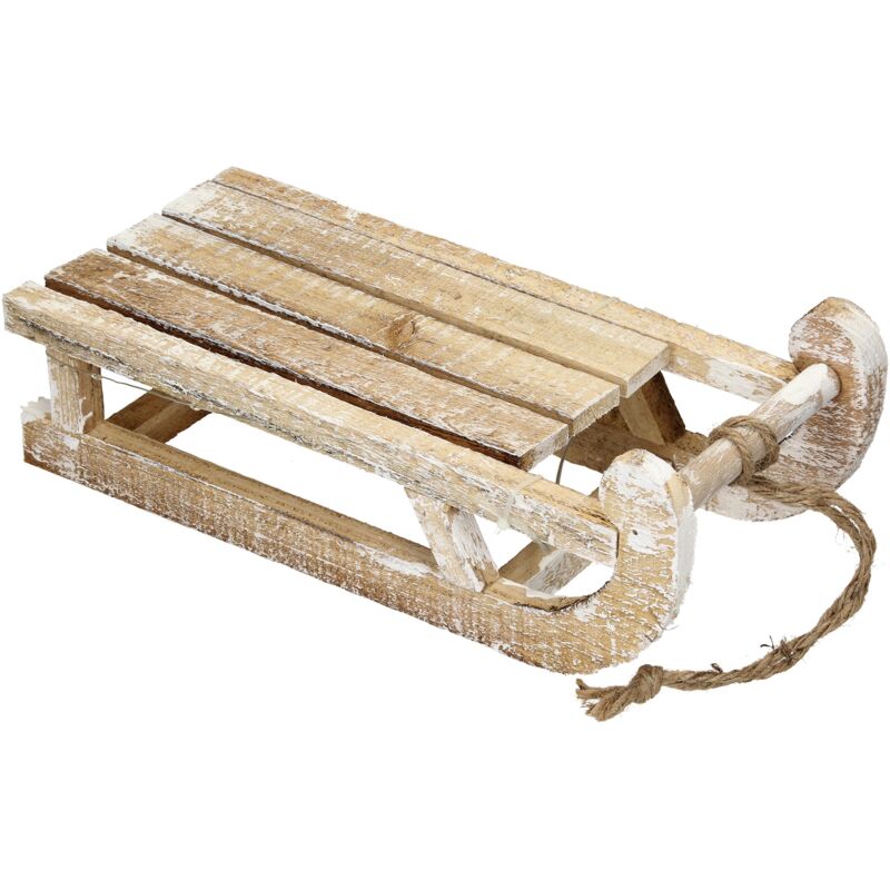 OSE - ecd Germany Deko Schlitten aus Holz mit 25 Warmweißen LEDs, 31,5x14,5x10,5 cm, Braun-Natur, Batterriebetrieben, Timer 6 Std., Schnur,