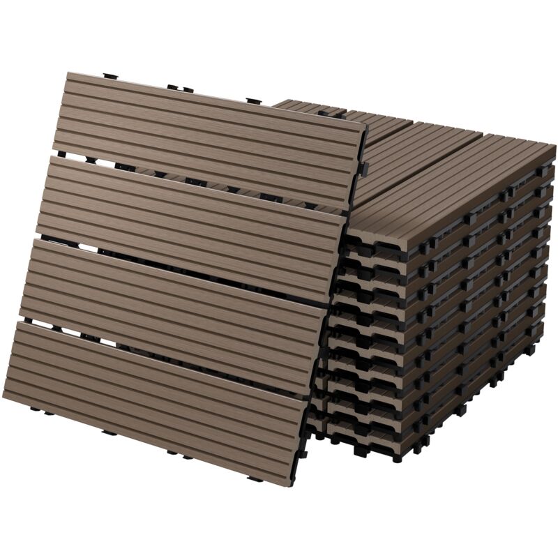 Wpc Terrassenfliesen 30x30 cm/22 Fliesen=2m² Dunkelbraun geriffelt, Holzoptik, Bodenbelag mit Klicksystem & Drainage, Terrassendielen Balkonfliesen,