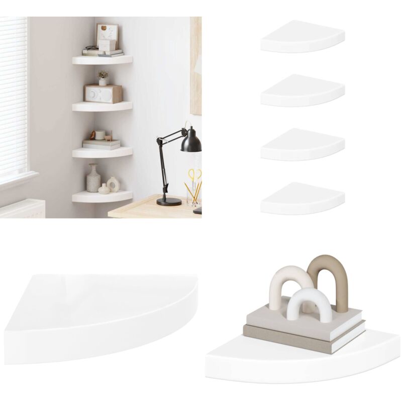 Eck-Schweberegale 4 Stk. Hochglanz-Weiß 25x25x3,8 cm mdf - Eckregal - Wandregal - Schwebender Wandregal - Regal Weiß - Wohnwandregal - Home & Living