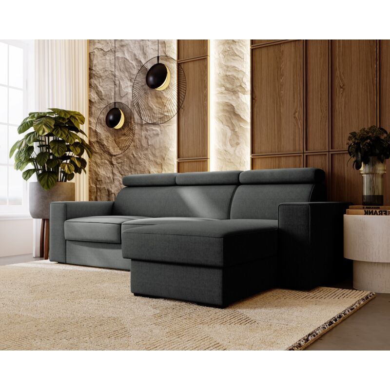 Eckcouch, Schlafsofa Logano - Ottomane rechts freistehend - Ecksofa mit Bettkasten, Sofa L-Form (Dunkelgrau - Inari 94)