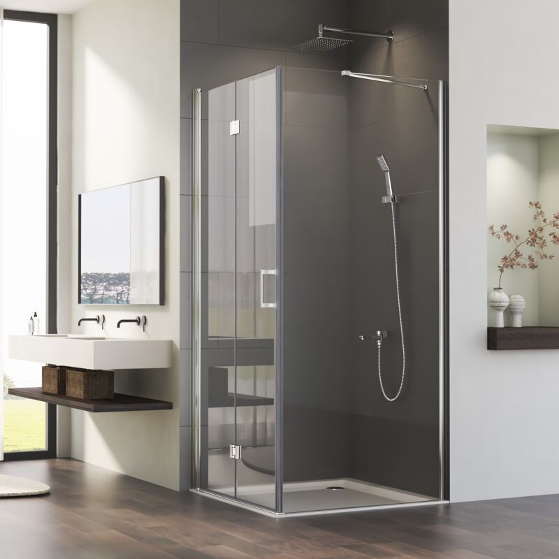 Eckeinstieg Duschkabine 90x75x195cm Falttür mit Seitenwand Duschabtrennung Dusche mit festem Seitenteil Faltbar Duschkabine aus 6mm Nano ESG