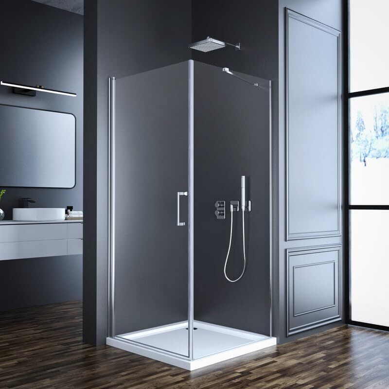 Eckeinstieg Duschkabine Schwingtür 75x90cm Duschabtrennung mit Seitenwand, Glas Pendeltür Duschkabine mit festem Seitenteil Duschwand mit 5mm Nano