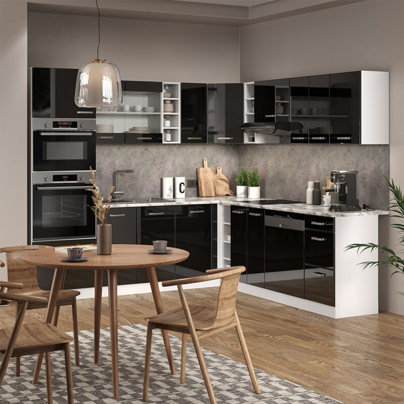 Vicco - Einbauküche R-Line, Schwarz Hochglanz/Weiß, 237 x 60 cm ohne Arbeitsplatte