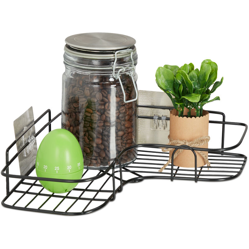 Relaxdays - Eckregal Küche, zum Kleben, Aufbewahrung, Gewürze & Kräuter, Wandregal HxBxT 5,5 x 26 x 26 cm, Eisen, schwarz