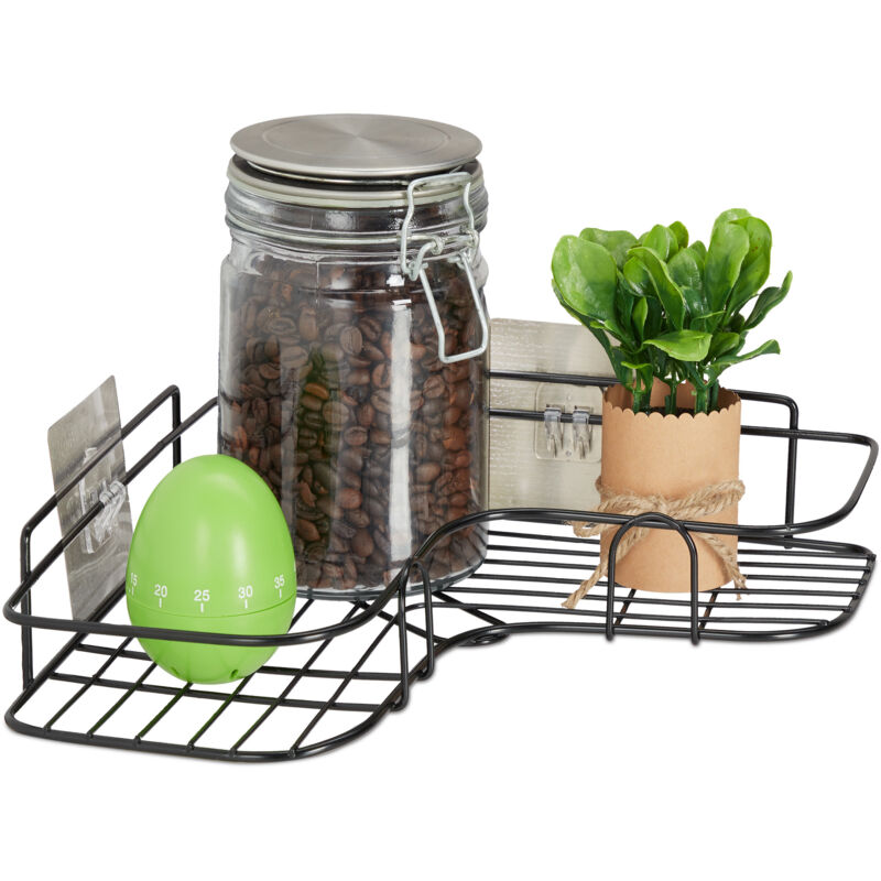 Relaxdays - 2 x Eckregal Küche, zum Kleben, Aufbewahrung, Gewürze & Kräuter, Wandregal h x b x t 5,5 x 26 x 26 cm, Eisen, schwarz