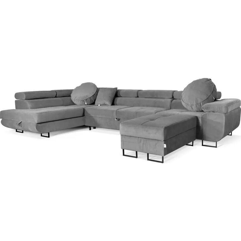 Ecksofa Aller Lang xl, Eckcouch mit Schlaffunktion und Bettkasten in Grau, Ecksofa mit Hocker, Ottomane Rechte.