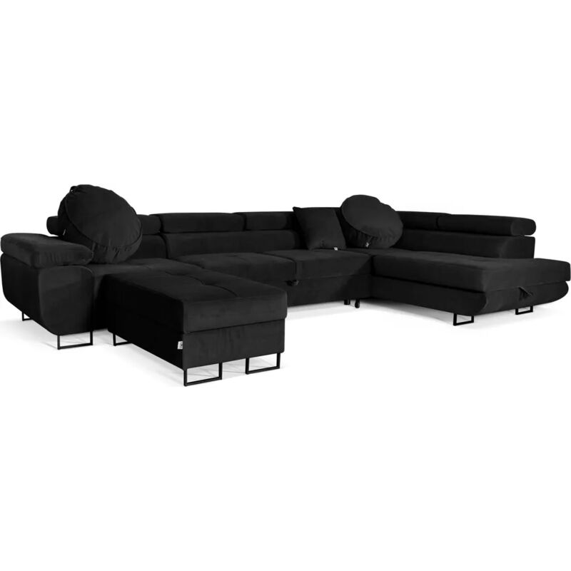 Ecksofa Aller Lang xl, Eckcouch mit Schlaffunktion und Bettkasten in Schwarz, Ecksofa mit Hocker, Ottomane Rechte.