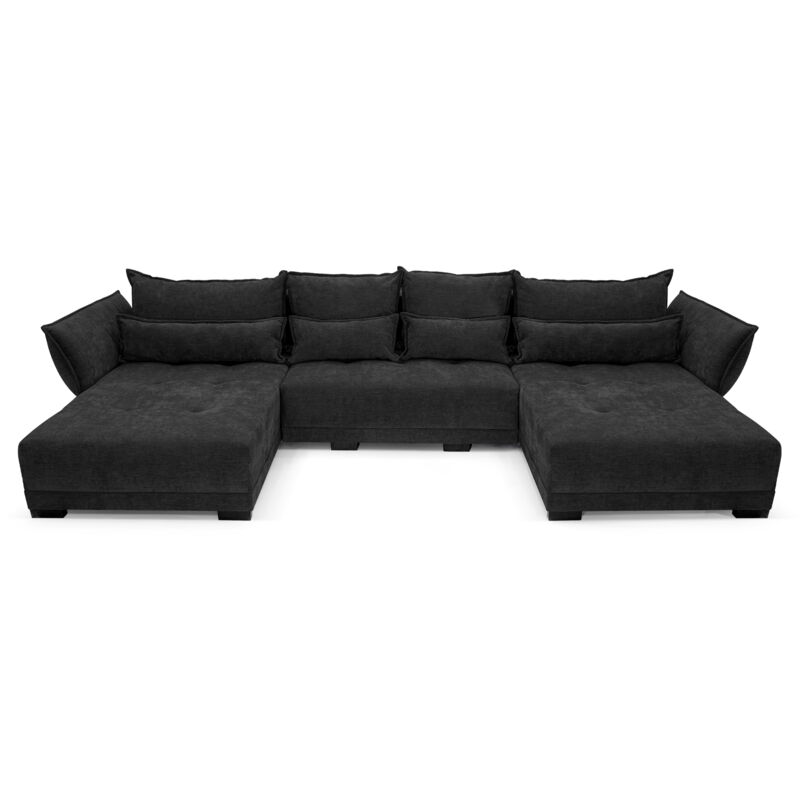 Ecksofa Comfort Deluxe u 360x185 cm Schwarz, Schlafsofa mit Bettkasten, Multifunktionale Couchgarnitur