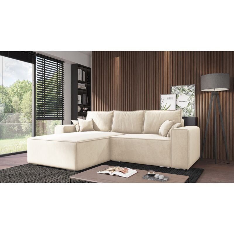 Ecksofa Lora - Ecksofa mit Schlaffunktion & Bettkasten - Ottomane links freistehend - Eckcouch, Sofa L-Form - Samtstoff (Beige - Amor Velvet 4323)