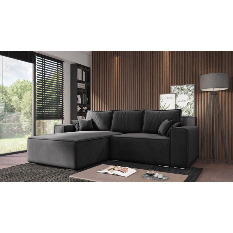 Ecksofa Lora - Ecksofa mit Schlaffunktion & Bettkasten - Ottomane links freistehend - Eckcouch, Sofa L-Form - Samtstoff (Schwarz - Amor Velvet 4322)