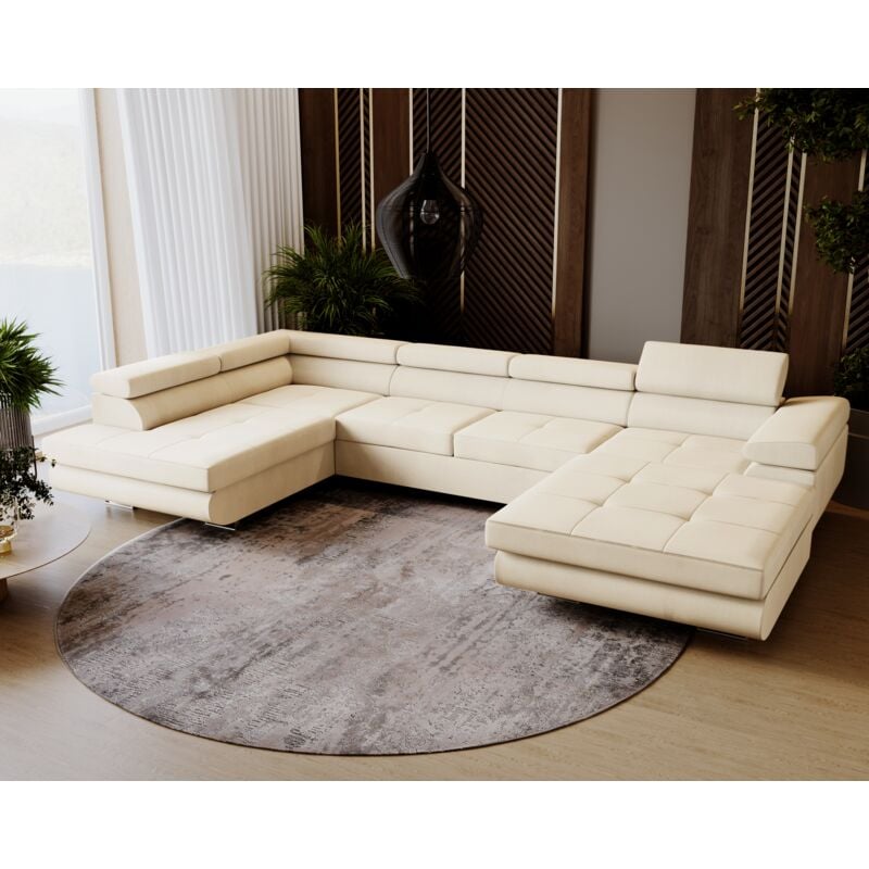 Ecksofa Sorlo u - Sofa 345 cm, Schlaffunktion, verstellbare Kopfstützen, Bettkasten - Eckcouch U-Form - Ottomane links freistehend- Samtstoff (Beige