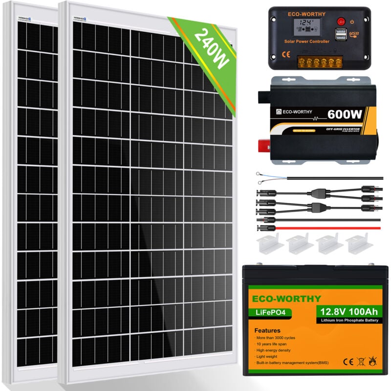 Eco-worthy - 240W Solarpanel Kit solaranlage komplettset 1 kWh/Tag: 2pcs 120W Mono Solarpanel + 100Ah 12V LiFePO4 Lithium Batterie + 600W
