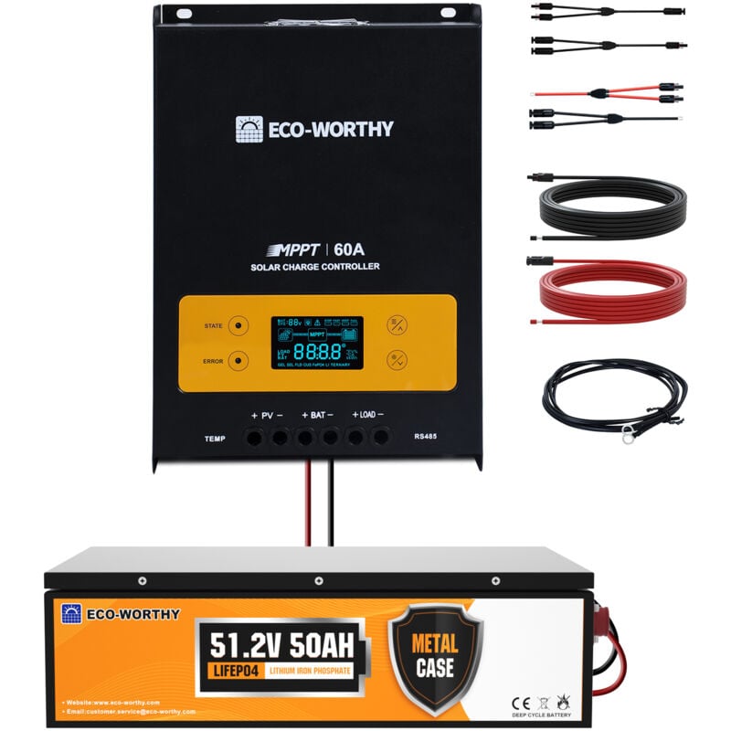 ECO-WORTHY 2,56KWh Speicher für Balkonkraftwerk mit LiFePO4 48V 50Ah&48V 60A MPPT Solarladeregler,kompatibel mit Mikrowechselrichter,