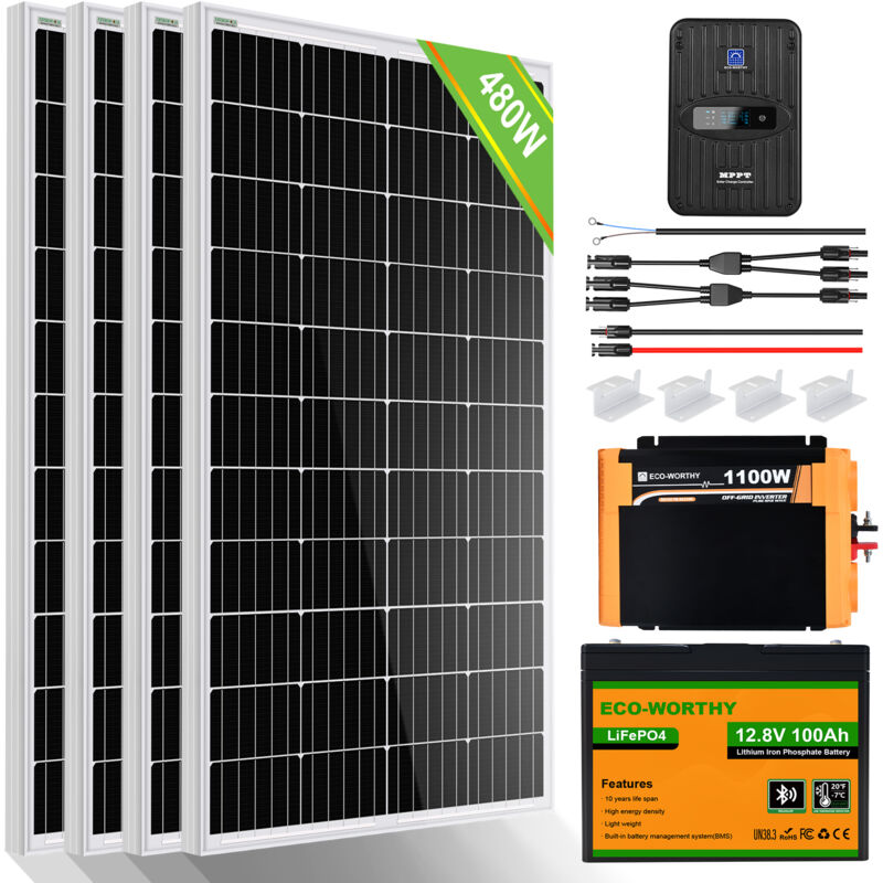 Eco-worthy - 2kWh Solaranlage komplettset 480W 12V mit Batterie netzunabhängig für Wohnmobil: 4 Stücke 120W Solarmodul + 60A Laderegler + 1 Stücke
