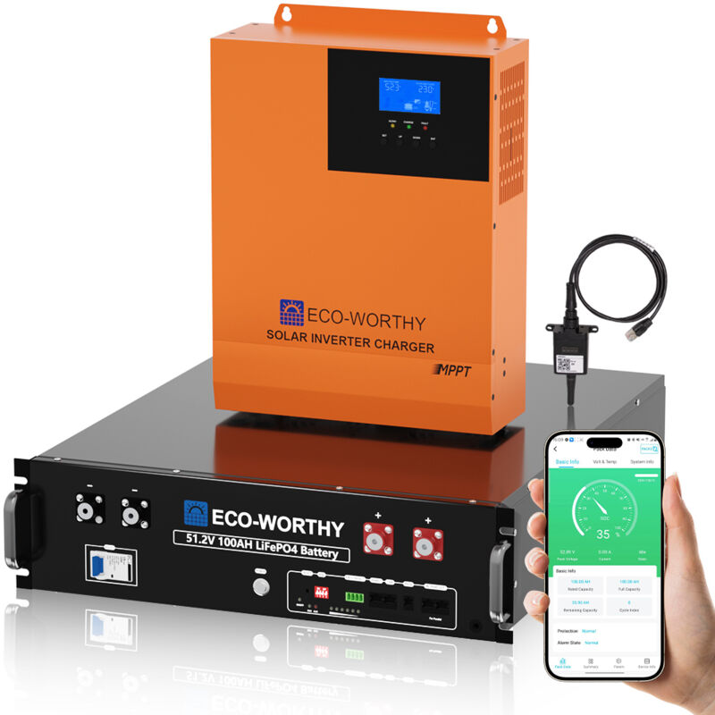Eco-worthy - 5,12KWh Balkonkraftwerk mit 48V (51,2V) 100Ah Server-Rack-Batterie LiFePO4 Batterie + 5000W Hybrid Inverter,mit Speicher für Solaranlage