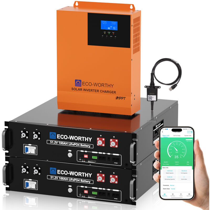 Eco-worthy - 10,24KWh Balkonkraftwerk mit 2 x 48V (51,2V) 100Ah Server-Rack-Batterie LiFePO4 Batterie + 5000W Hybrid Inverter,mit Speicher für