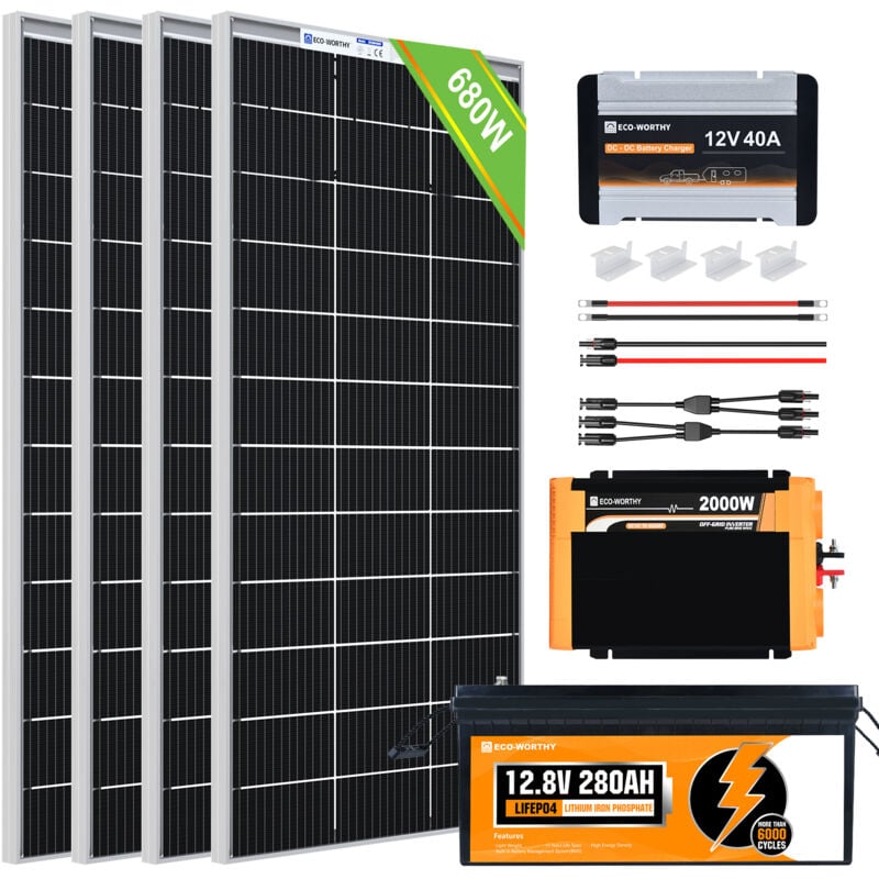 780W Solaranlage Komplettset netzunabhängiges für Wohnmobil Camper:4 Stücke 195W Solarpanel+1 Stücke LiFePO4 batterie 280Ah +Wechselrichter