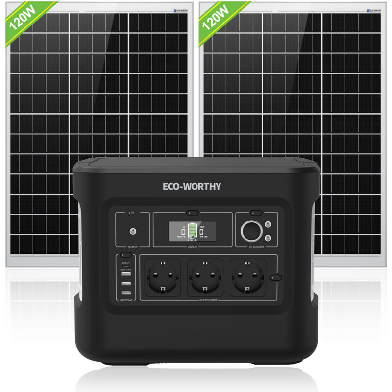 ECO-WORTHY 1000W(Spitze 2000W) 1024Wh Portable Power Station mit 2 x 120W Solarpanel, Tragbares Powerstation Solar Generator Bundle für Home Backup,