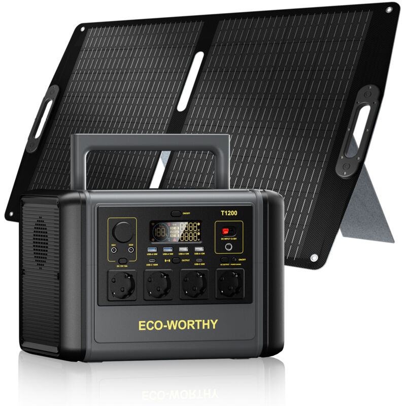 ECO-WORTHY 1200W(Spitze 2000W) 1024Wh Portable Power Station mit 100W Faltbares Solarpanel, Tragbares Powerstation Solar Generator Bundle für Home