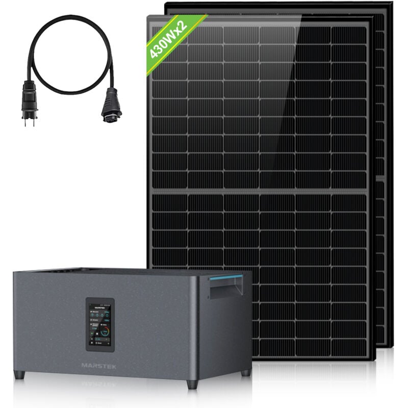 Balkonkraftwerk mit Speicher, 2,56kwh Marstek Jupiter c+ Stromspeicher,2×430W Solarpanels,4 MPPTs (pv Max 2400W),Plug&Play Installation, Solaranlage