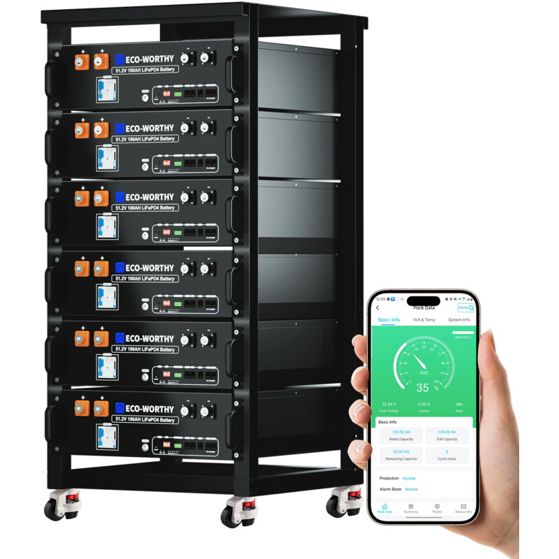 ECO-WORTHY LiFePO4 48V 100Ah Bluetooth, 30,72KWh Lithium batterie mit 100A BMS, Server Rack Solarbatterie für Solaranlage