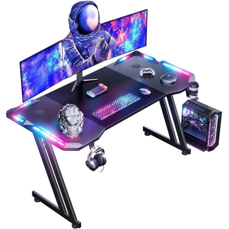 EcoFurnix 120 x 60cm Gaming-Schreibtisch LED, Großer Gamer-Schreibtisch, mit Mauspad, Becherhalter und Kopfhörerhaken, Carbon, Schwarz
