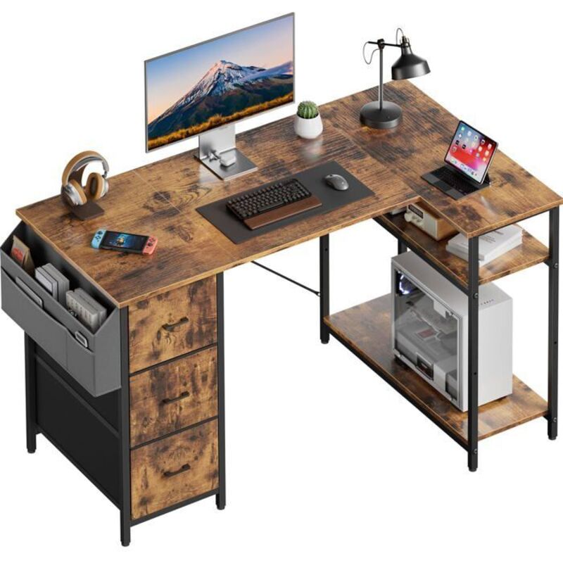 EcoFurnix Eckschreibtisch, 120x78cm Spieleschreibtisch, L-förmiger Schreibtisch mit 3 Schubladen, Computer-Schreibtisch mit Stauraum, Braun