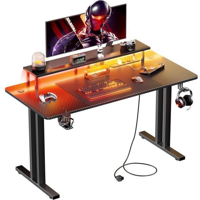 EcoFurnix Schreibtisch Gaming LED 140 x 60 cm, Gamer Schreibtisch mit Steckdose und Monitorhalterung, Kopfhörerhaken, Schwarz