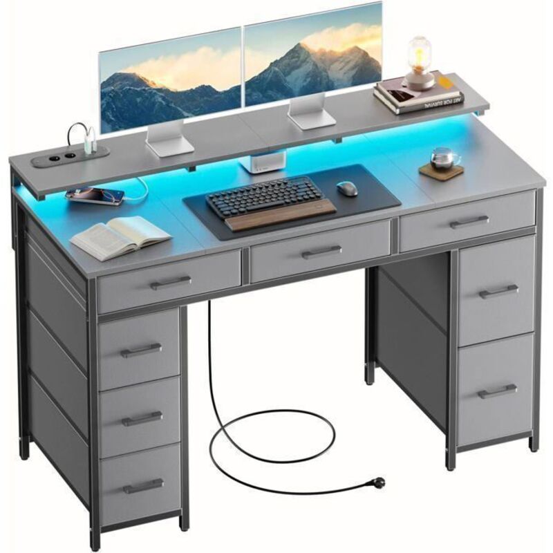 EcoFurnix, Schreibtisch mit 8 Stoffschubladen, 120 × 50 cm Gaming-Schreibtisch mit LED, Steckdosen & USB-Ports, Gamer-Schreibtisch, Grau