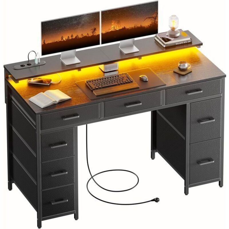 EcoFurnix, Schreibtisch mit 8 Stoffschubladen, 120 × 50 cm Gaming-Schreibtisch mit LED, Steckdosen & USB-Ports, Gamer-Schreibtisch, Schwarz