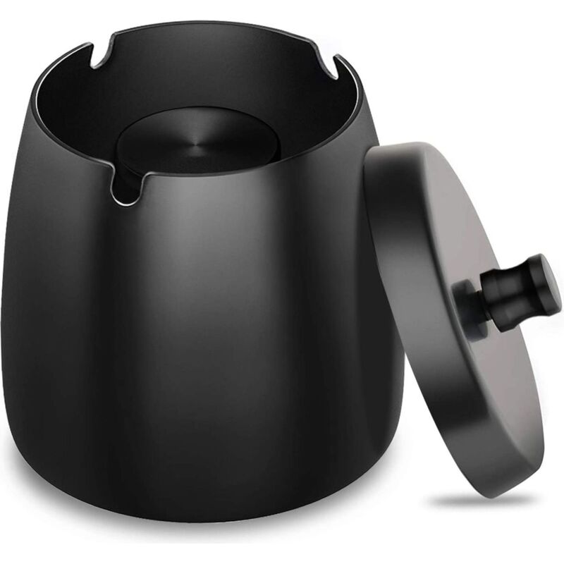 Edelstahl-Aschenbecher mit Deckel – schwerer, wind- und rutschfester Aschenbecher für innen & außen, Schwarz