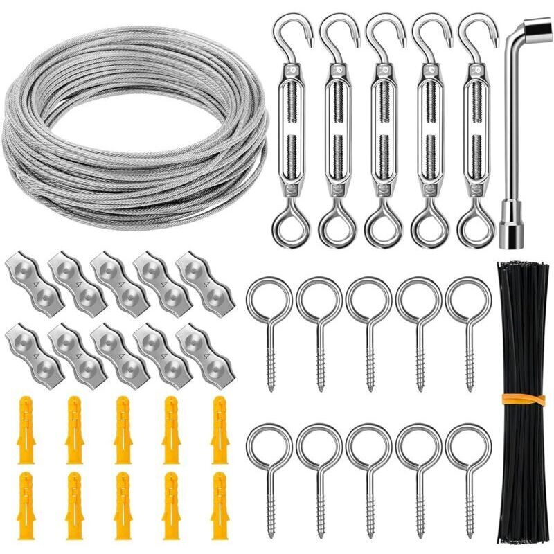 Edelstahl-Aufhängeseil-Set, 30 m/3 mm Metallseil, Gartenseil-Set, Bilderseil-Set, Zaun-Set, Hochleistungs-Stahlseil