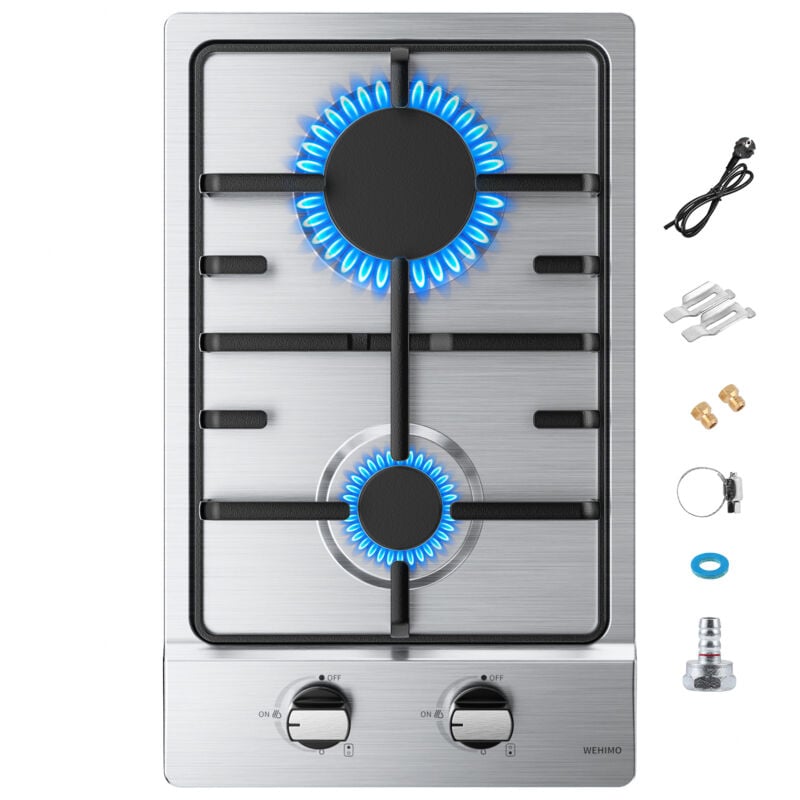 Wehimo - Edelstahl Gaskochfeld, IsEasy Gaskochfeld 2 Flammig mit Automatischer Thermoelementschutz, Einbau Gaskochfeld, 2 Zonen Gaskocher,