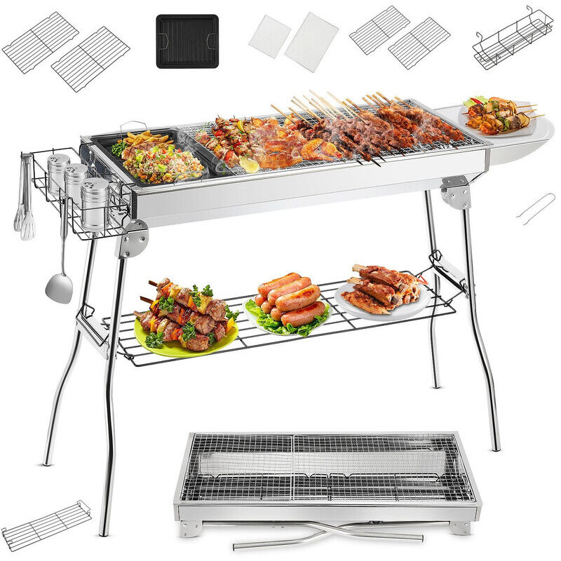 Edelstahl Holzkohlegrill mit Klappfunktion, Große Grillfläche 130×32 cm, Stabiles Standgestell, 2 Verchromte Grillroste, Praktische Seitenablagen,