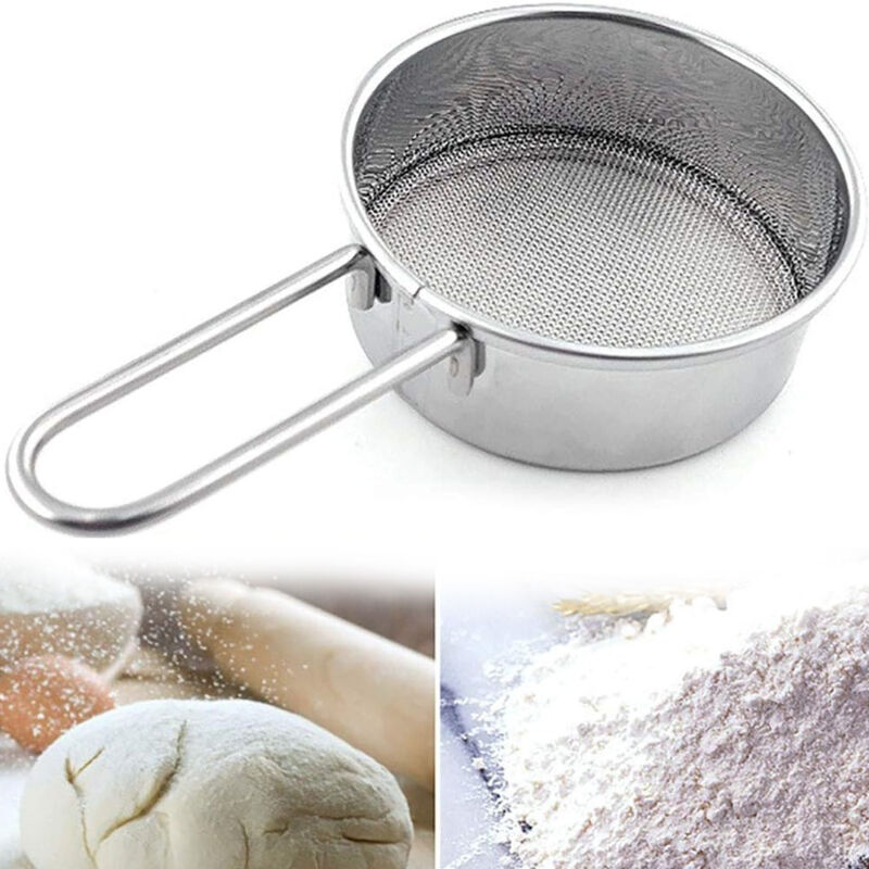 Edelstahlsieb mit langem Griff, Mini-Mehlsieb, Abtropfsieb für Gebäck, Pulver, Zucker, Kaffee, Nudeln, Tee