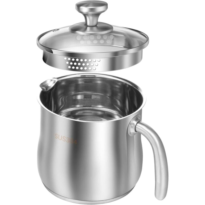 Edelstahltopf mit Glasdeckel, 2 Liter Milchtopf,Deckel mit Dampfloch, Kochtopf Induktion mit Griff und Ausgießer Universaltopf für alle Herdarten