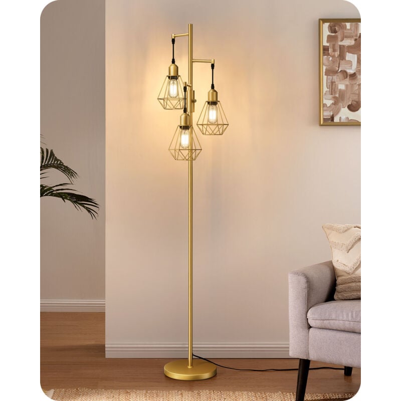 EDISHINE LED Stehlampe Wohnzimmer, 4W E27 LED Leuchtmittel, 3 flammige Retro Stehlampe dimmbar mit Käfig-Lampenschirm aus Metall
