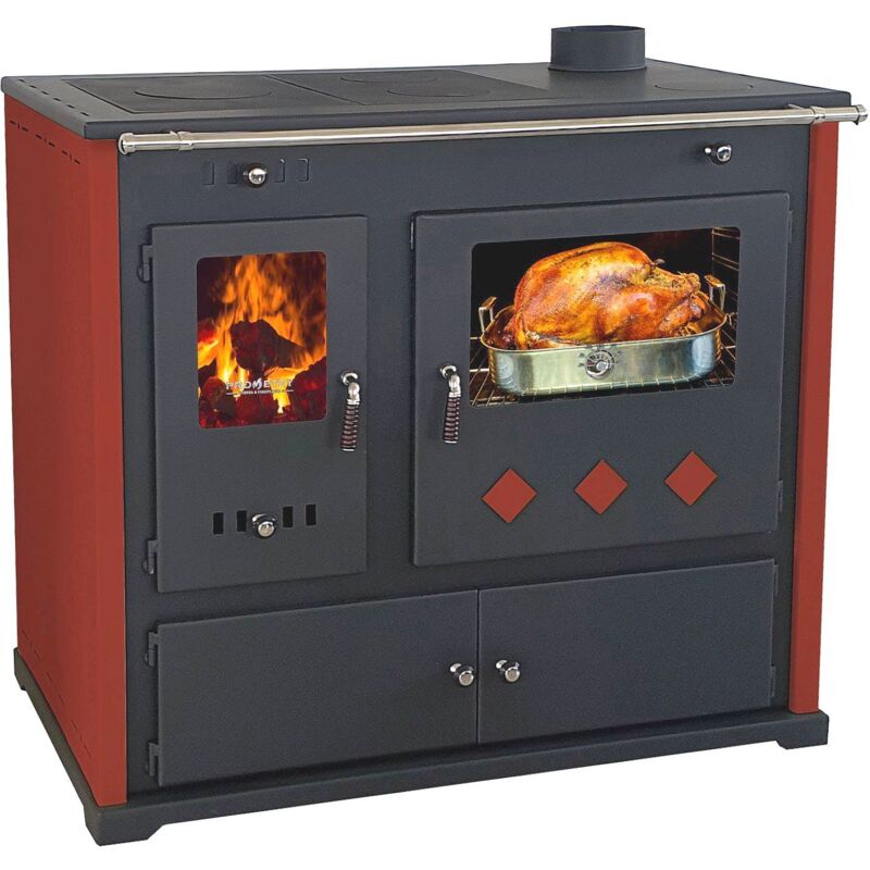 Eek a+ Kaminofen mit Backfach und Herdplatte Pracktik Lux Rot Holzofen 9,5 kW Kamin Ofen Dauerbrandofen Werkstattofen Schwedenofen Hüttenofen Heizofen