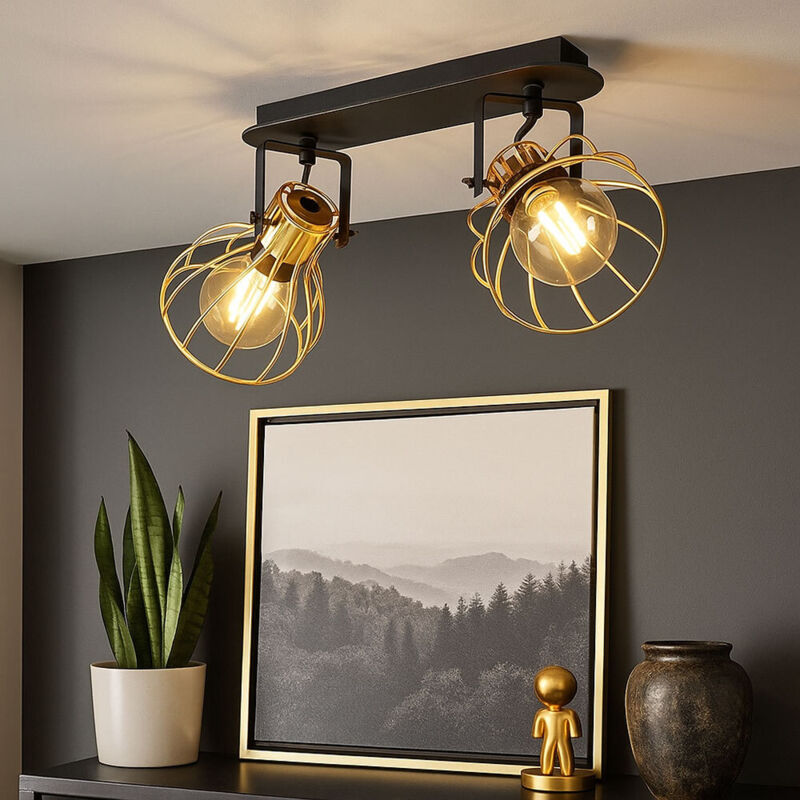 Deckenleuchte Deckenlampe Spotleuchte Esszimmer Geflecht Käfig Holz, verstellbar, schwarz messingfarben, 2x E27 Fassung, LxBxH 48x28x26 cm