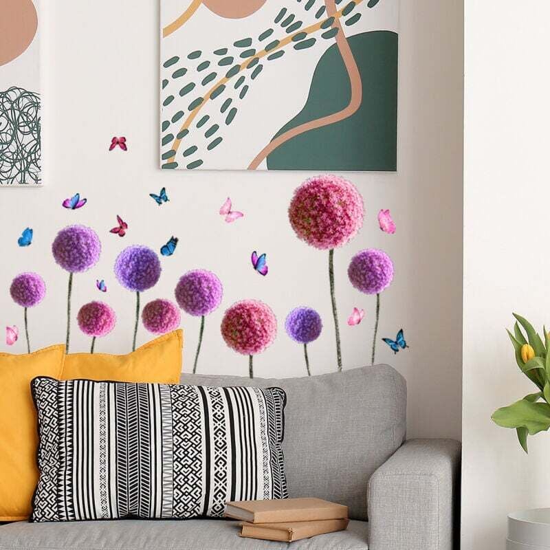 Ein Set Wandaufkleber mit Löwenzahn und Schmetterling, abnehmbare Wandtattoos für Schlafzimmer und Wohnzimmer